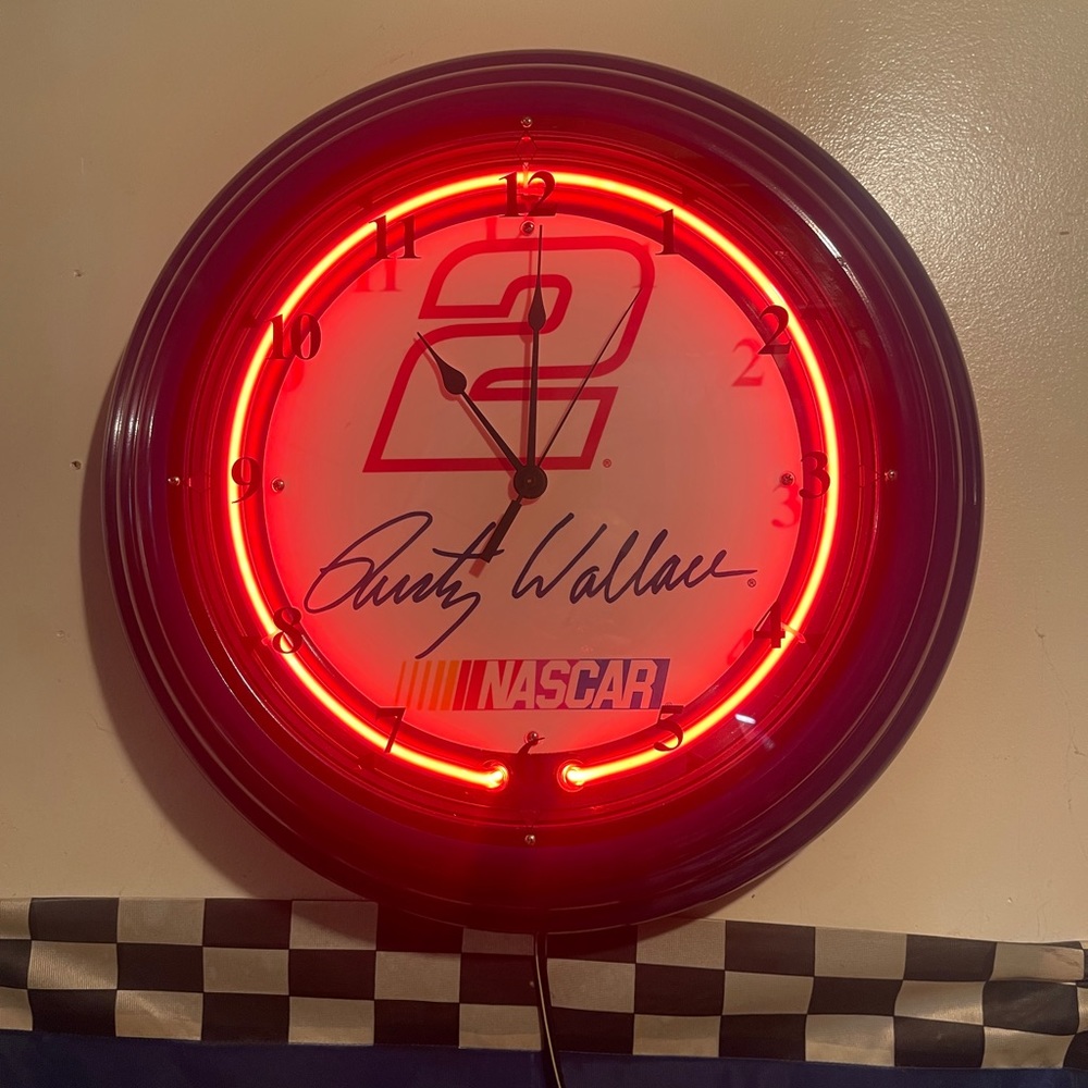 NASCAR Neon Clock (Chrome Metal) 20” x 5” And a Including NASCAR Flag